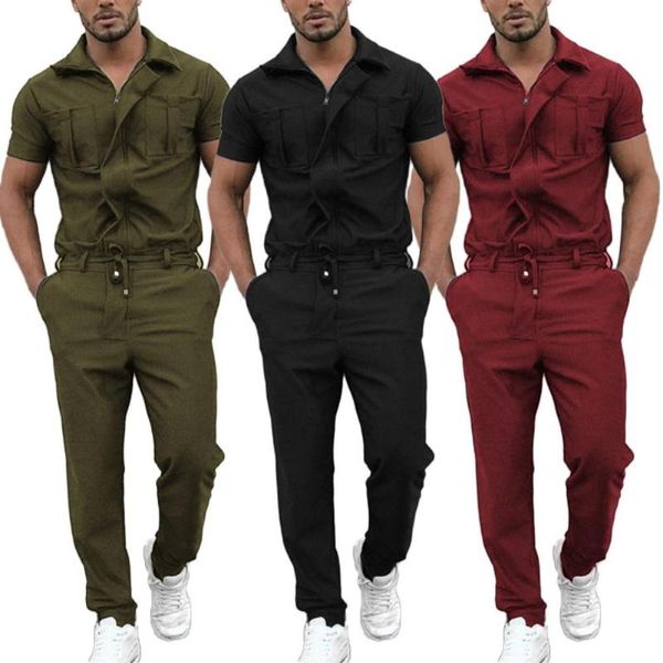 

men's tracksuits fashion rompers cargo overalls men stylish short sleeve pockets drawstring zip jumpsuit coverall pants loose playsuit, Gray