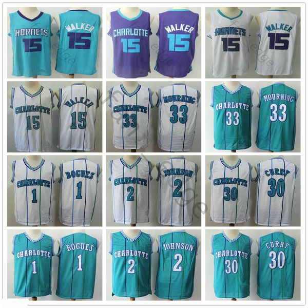 

charlottehorntes kemba #15 walker jersey vintage muggsy 1 tyrone bogues 2 larry johnson 30 dell curry alonzo 33 mourning basketball jerseys, Black