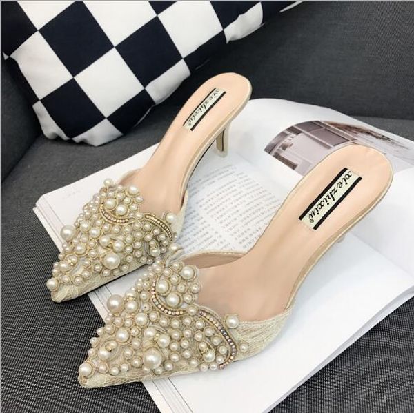 

women sweet pearl rhinestones high heels shoes for ladies pointed toes shoes pink and beige sandal shoes size 35-39 ing, Black