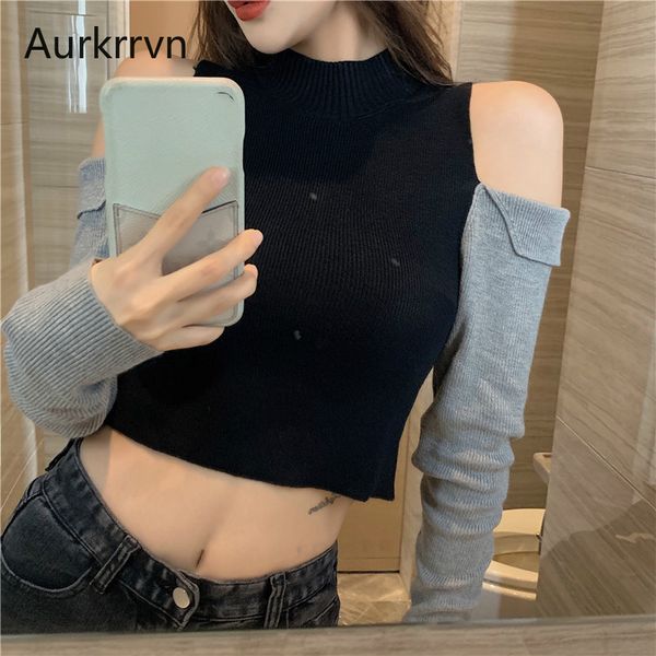 

aurkrrvn vintage cold shoulder autumn womens sweater patchwork pullovers chic cropped sweatshirts womans knitted sweater lady, White;black
