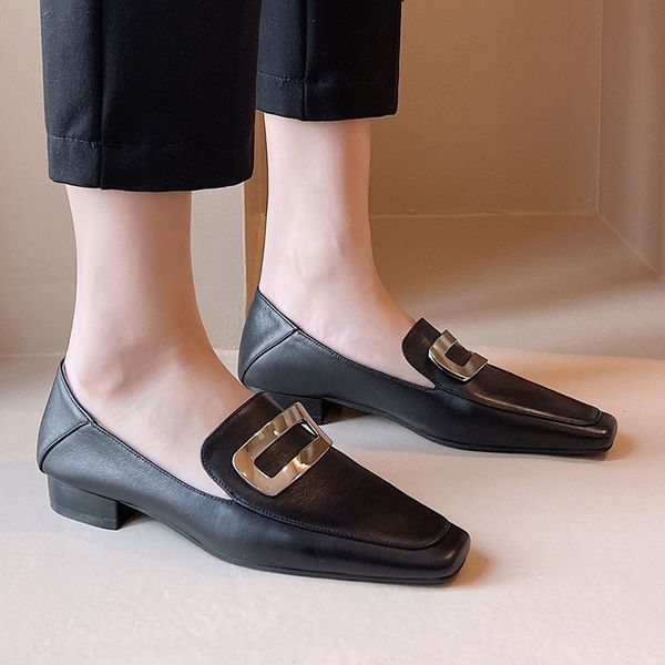 

2020 autumn new chunky square head deep-mouth thin shoes women's genuine leather plus size loafers shoes, Black