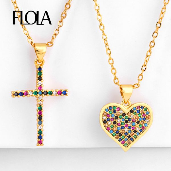 

flola rainbow cross pendant necklace woman zirconia colored heart rainbow necklace gold christian jewelry collar arcoiris nkep56, Silver