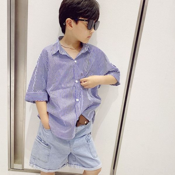 

short-sleeved 2020 new wear korean style striped shirt fashion for children and children's shirt children's clothing boys, White;black