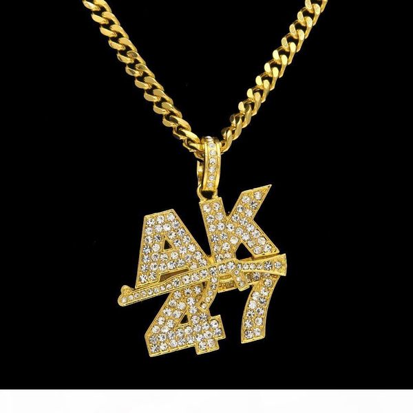 

k mens 18k gold silver plated iced cz hip -hop ak47 logo submachine gun pendant necklace with 5mm 27 &quot ;long cuban chain necklace f