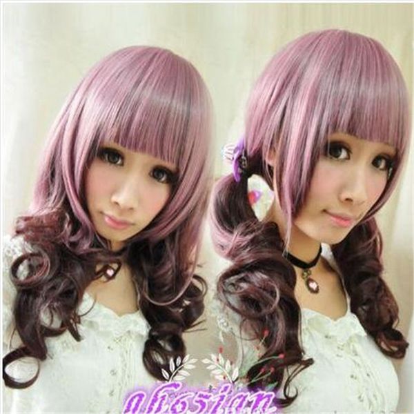 

lolita harajuku style long curly cosplay wig light purple mixed br, Black
