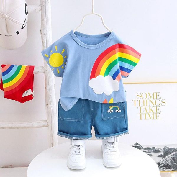 

kid baby boy rainbow t-shirt denim shorts set summer toddler outfits children kids boys cartoon short sleeve short jeans set, White