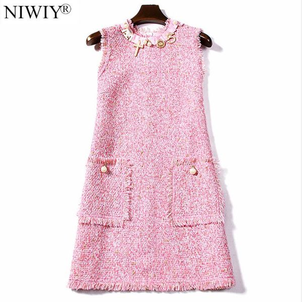 

casual dresses niwiy women autumn tweed pink bead office party dress zomerjurk dames 2021 midi vintage robe femme vestidos de festa n8089, Black;gray