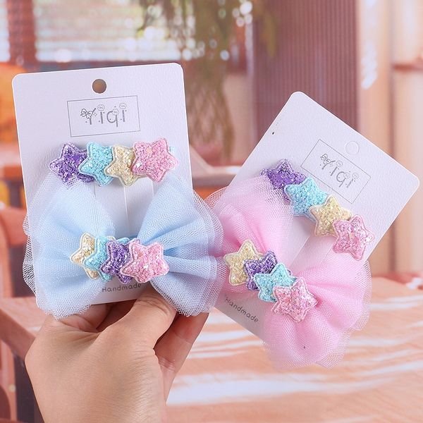 

new hairpin chiffon bow hairpin pink korean children's chiffon five-pointed butterfly headdress star children's clip headdress, Slivery;white