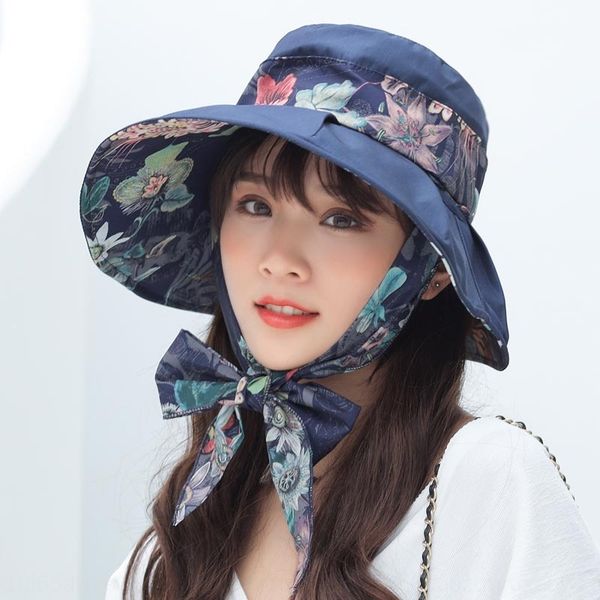 

female summer foldable large edge shade korean fashion travel sunscreen beach sun hat sun hat toque visor cap, Blue;gray