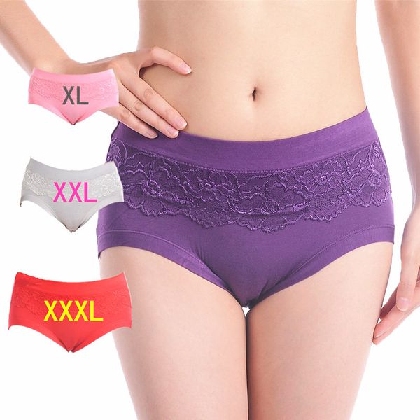 

2pcs/set plus size lace briefs soft women's underpants solid mid-waist panties bamboo fiber underwear seamless female intimates, Black;pink