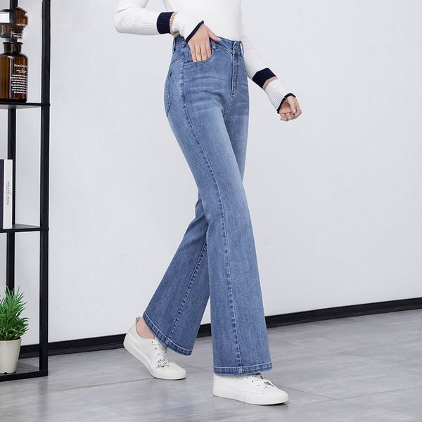 

2020 spring summer new jeans women high waist stretch straight ankle length slim beautiful flare jeans boot cut pantyhose, Blue