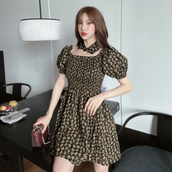 

women dresses french gentle style retro square collar puff sleeves fashion design sense fake shirt collar small fresh floral dress women, White;black