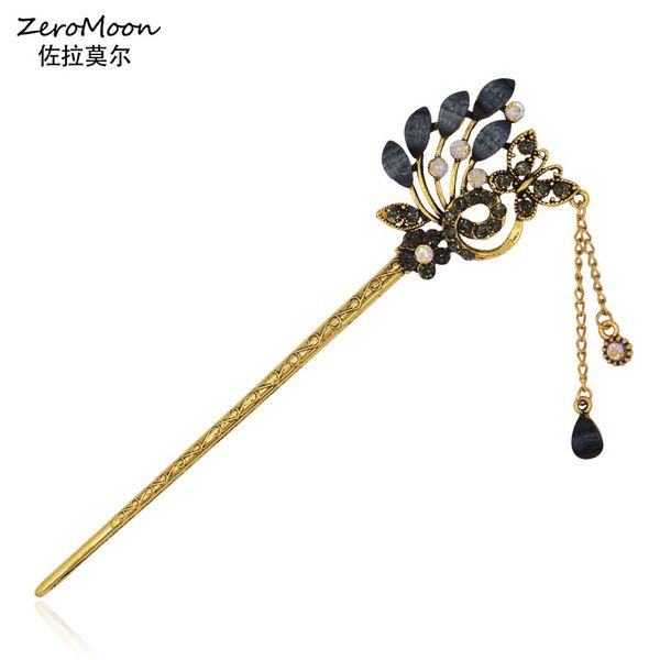 

vintage acrylic crystal rhinestone butterfly women hair stick leaves peacock flower metal chain tassel hair jewelry accessory, Golden;silver