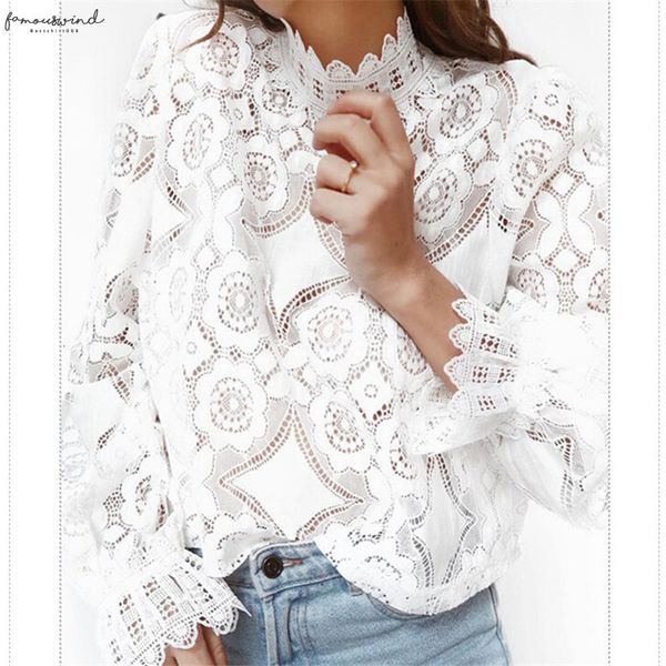 

womens fashion lace blouses hollow out lady eleghant slim long sleeve white shirts stylish turtleneck flowers blouses