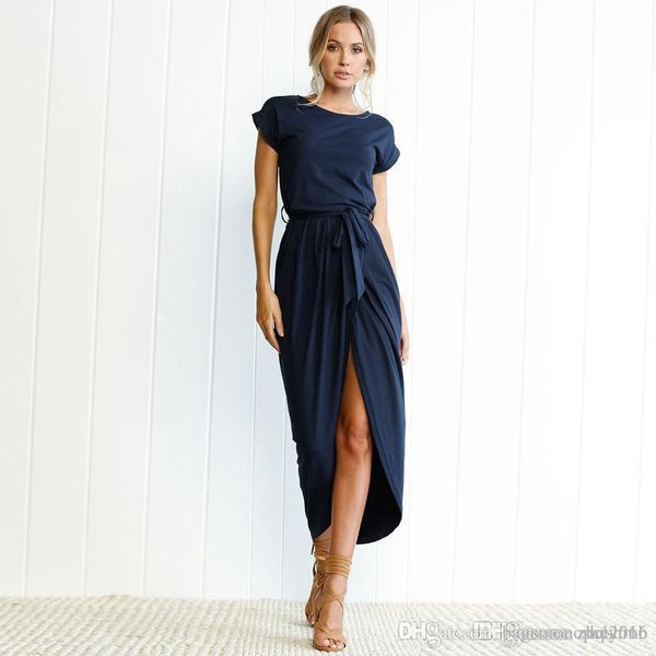 

women dress crew neck summer sling sleeveless hip wrap lady before split short sleeve irregular skirt casual sheath dresses size s-xl, Black;gray