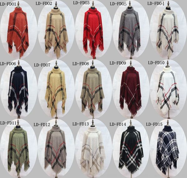 

high collar plaid cloak shawl cloak loose bat sleeve knitted pullover women's pullover coat, Blue;gray