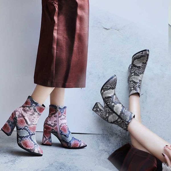 

2020 autumn winter women ankle boots print snake pu women ankle boots zip pointed toe footwear thick high heels female boot32-43, Black
