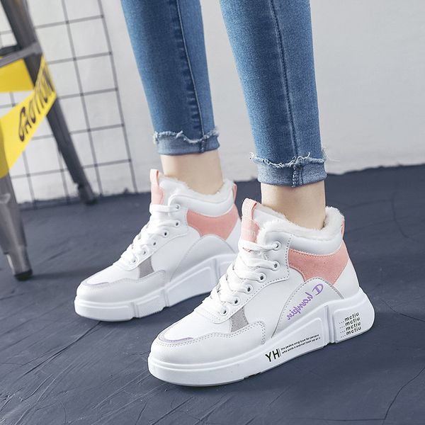 

2020 white women sneakers autumn winter warm fur causal shoes flat plush shoes woman lace up canvas botas, Black