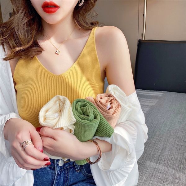 

2020 sling vest korean fashion women's knitted small sling women's suit bottom vest web celebrity slim, Camo