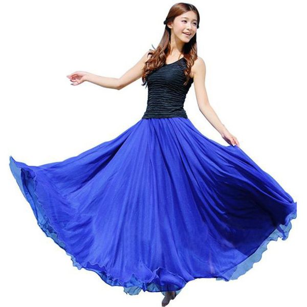 

summer long skirt womens 2020 bohemian brand chiffon skirt maxi falda elastic waist a line beach voile a line skirt d0935, Black