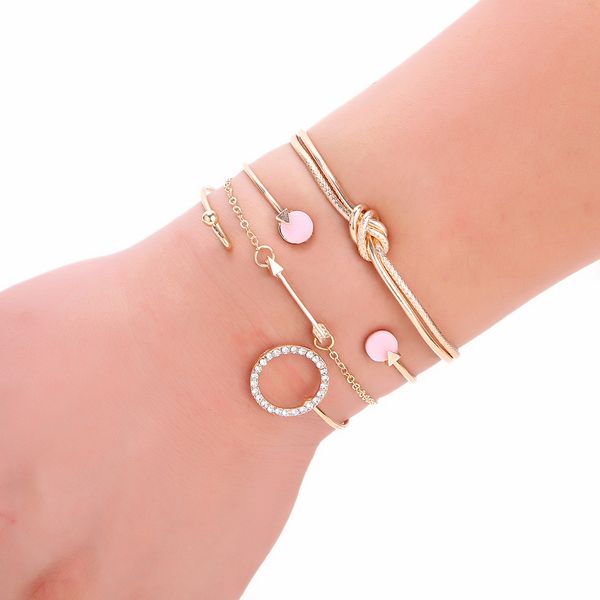 

4 pcs/ set women bracelets set personality mosaic crystal compass opening arrow round knot chain exquisite shiny party jewelry female gift, Golden;silver