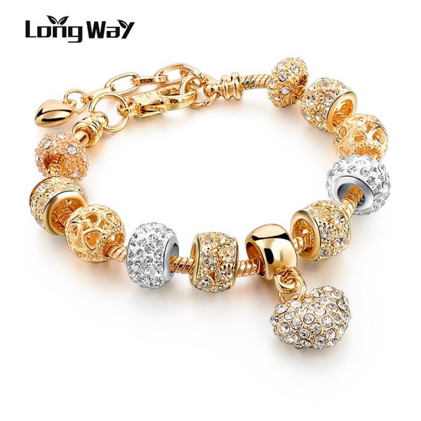 

longway luxury crystal heart charm bracelets & bangles gold color bracelets for women femme jewellery pulseras mujer sbr160056, Golden;silver