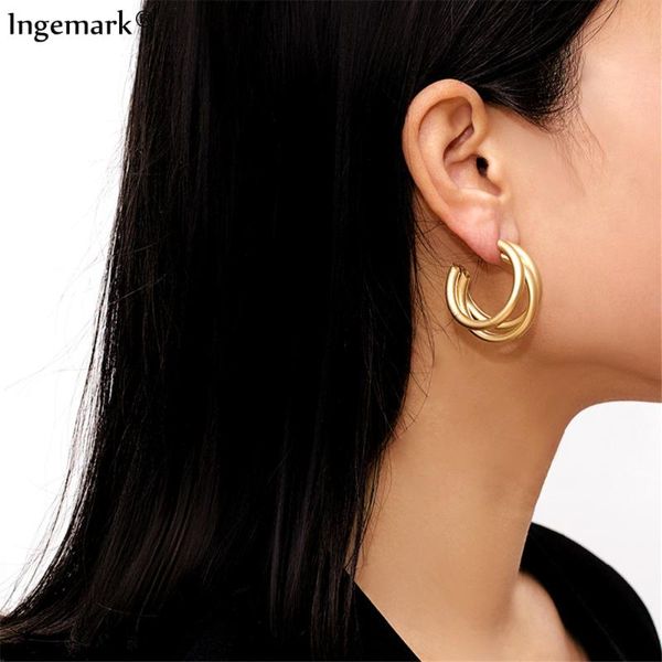 

ingemark punk gold color hoops earrings trendy minimalist thick tube round circle rings earrings hiphop rock jewelry 2020, Golden;silver