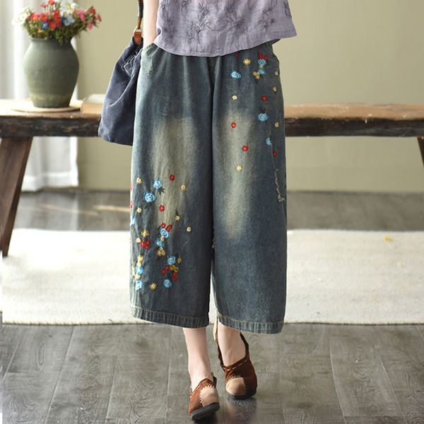 

women denim pants wide leg bottom jeans trousers big loose embroidery floral casual fashion for spring summer az20661624, Blue