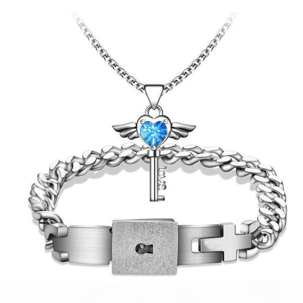 

titanium lovers jewelry set concentric lock bracelet love key rhinestones pendants necklace wedding engagement couples valentine's day, Silver
