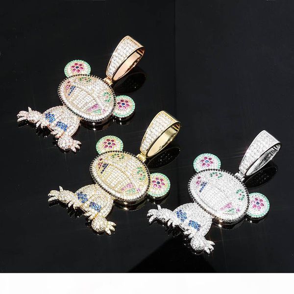 

prong setting multicolor cz stone bling iced out cartoon sloth frog pendants necklace for men hip hop rapper jewelry gold color, Silver