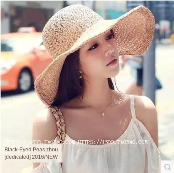 

korean summer female outdoor sunscreen beach couple foldable large straw straw hat eaves sun hat tide, Blue;gray