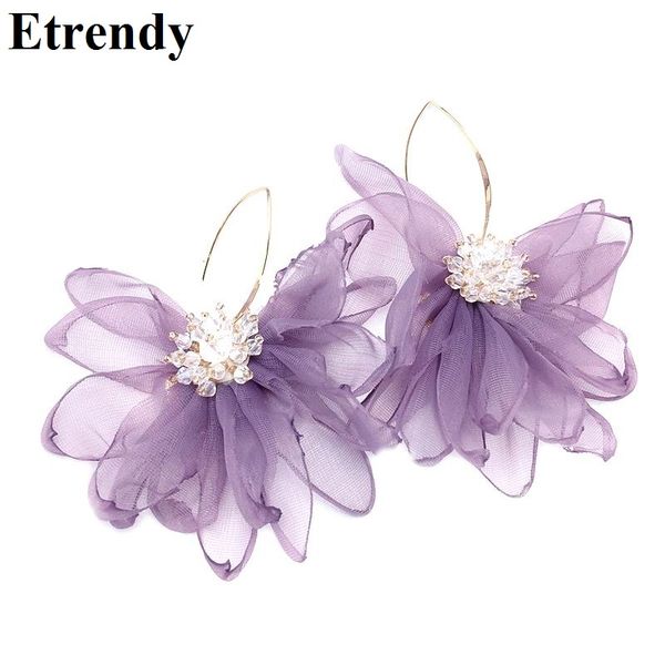

korean statement chiffon flower big earrings for women new fashion jewelry pendientes party accessories purple pink, Silver
