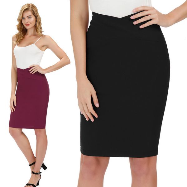 

elegant women skirts pure color slim fit office high stretch skirts hips wrapped knee length office bodycon pencil work skirt, Black