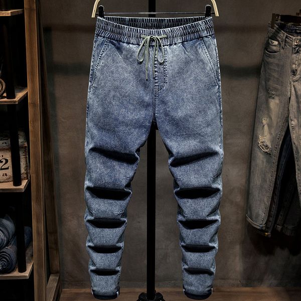 

summer autumn slim long jeans men drawstring elastic pencil pants male fashion casual streetwear thin middle waist trousers, Blue