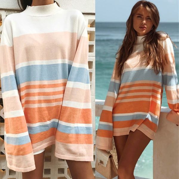 

women clothes autumn new fashion turtleneck striped print flare sleeve t-shirts ladies loose casual pullover women t shirt, Black;gray