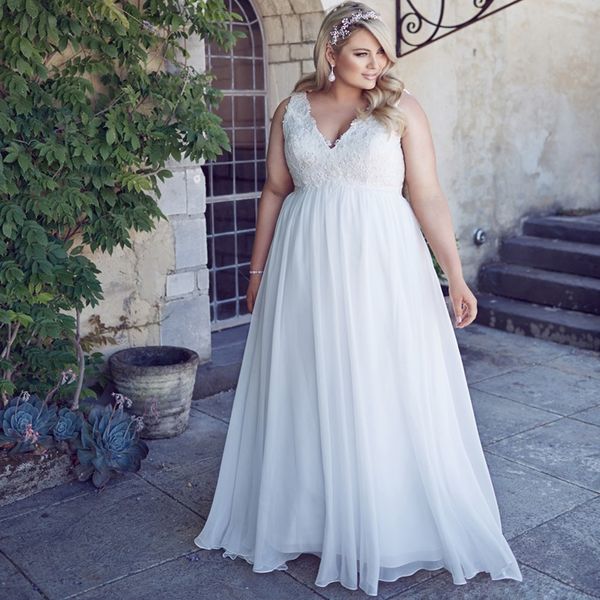 Classico con scollo a V senza maniche Plus Size Abito da sposa Elegante Appliqued Robe de Mariage 2020 Vestidos de Novia Chiffon Abito da sposa