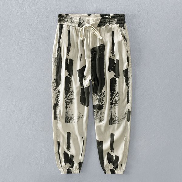 

men elastic waist pant linen camouflage print funny trouser with pockets irregular pattern funny streetwear hip hop soft pants, Black