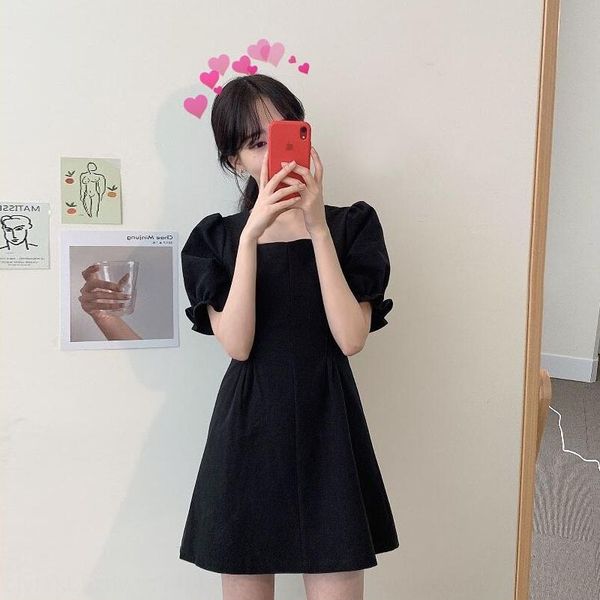 

yac51 black women's summer square collar bubble sleeve a- line dress a- line dress yamamoto short skirt small hepburn style heart small, Black;gray