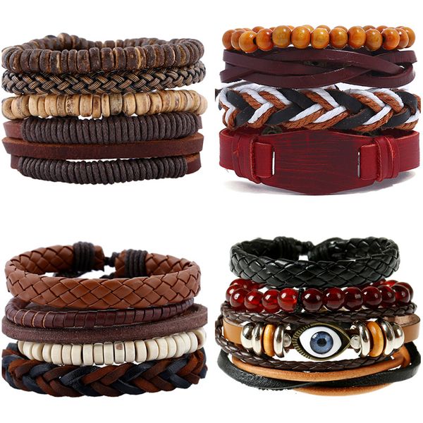 

punk 4pcs/set punk genuine wrap leather bracelets sets women men handmade charm wood beads bracelets cuff jewelry accessories, Golden;silver
