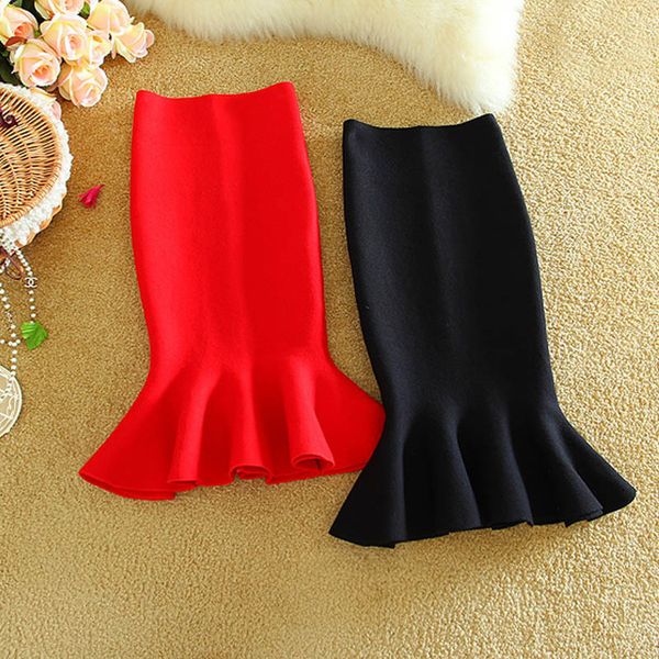 

high waist skirts womens 2020 knit midi fish tail ruffles hip skirt saias trumpet mermaid femininas fs0198, Black