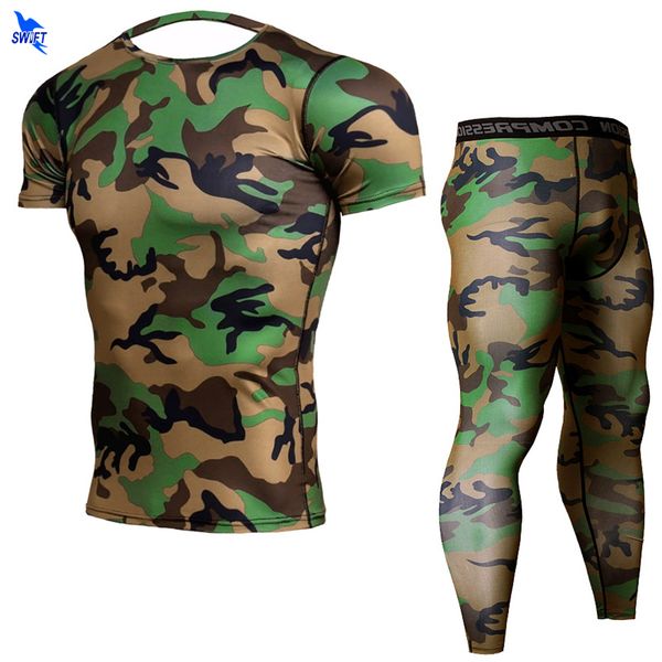 

running sets 2021 quick dry camouflage mens short sleeve set compression sport suit skinny tights clothes gym fitness camo sportswear, Black;blue