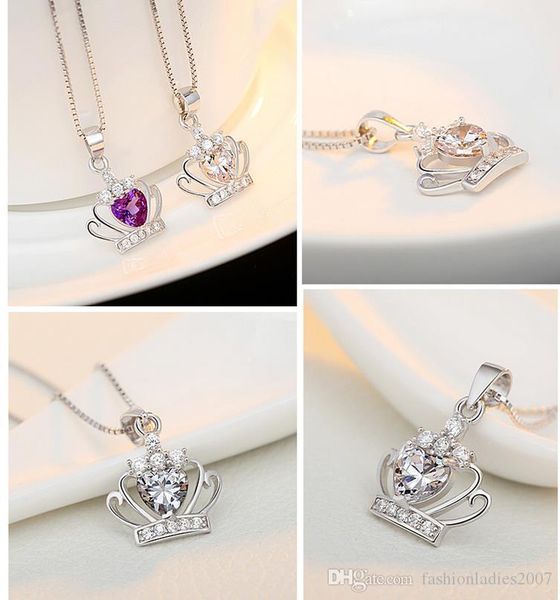 

new 925 sterling silver jewelry austrian crystal crown wedding pendant silver necklaces with chain factory sale