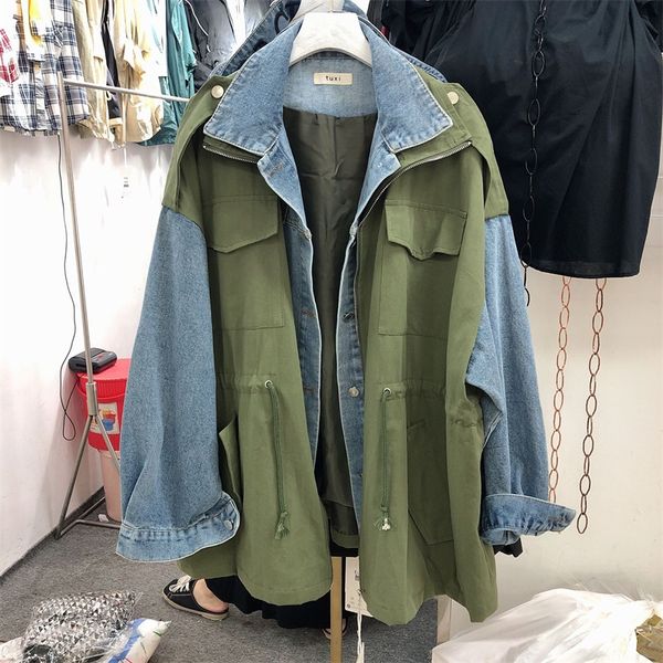 

lanmrem autumn turn-down collar full sleeves drawstring patchwork denim wide jacket female coat big size 2a04701 fashion tide, Black;brown