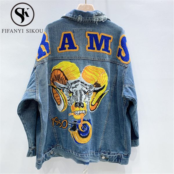

ripped denim jacket women streetwear fashion embroidery jeans jacket pocket lapel loose long sleeve jeans coat female 2020 new, Black;brown