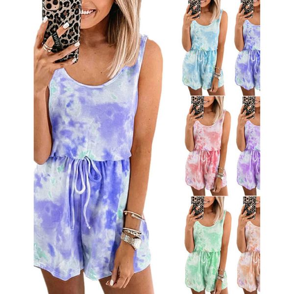 

women summer tie-dye jumpsuit shorts casual sleeveless beach rompers casual party playsuit plus size s-2xl, Black;white
