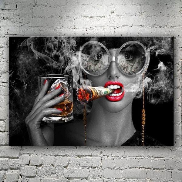 

Fashion Beauty Smoking Woman with Glasses Painting Posters Scandinavian Wall Art Picture for Living Room Home Decor (No Frame)