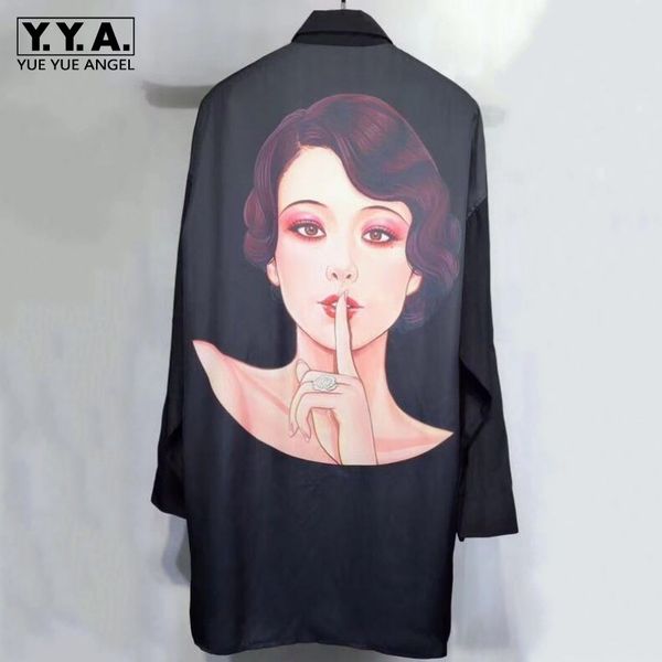 

men's casual shirts mens luxury 100% silk long shirt dark series gothic printed real loose fit single breasted top, White;black