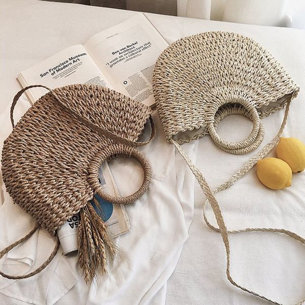 

women's bag straw semicircle art beach bag travel rattan straw beach portable woven moon khaki