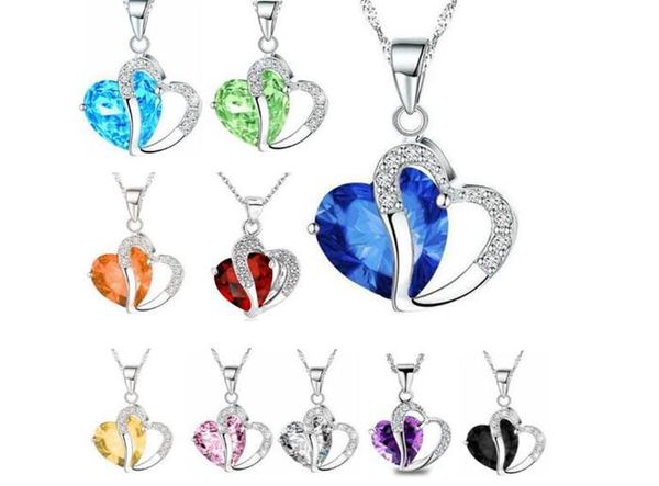 

women fashion heart crystal rhinestone silver chain pendant necklace jewelry 10 color r012