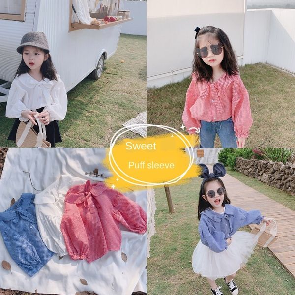 

20 autumn new children's clothing girl doll collar children's lantern sleeve doll shirt baby all-match shirt, White;black